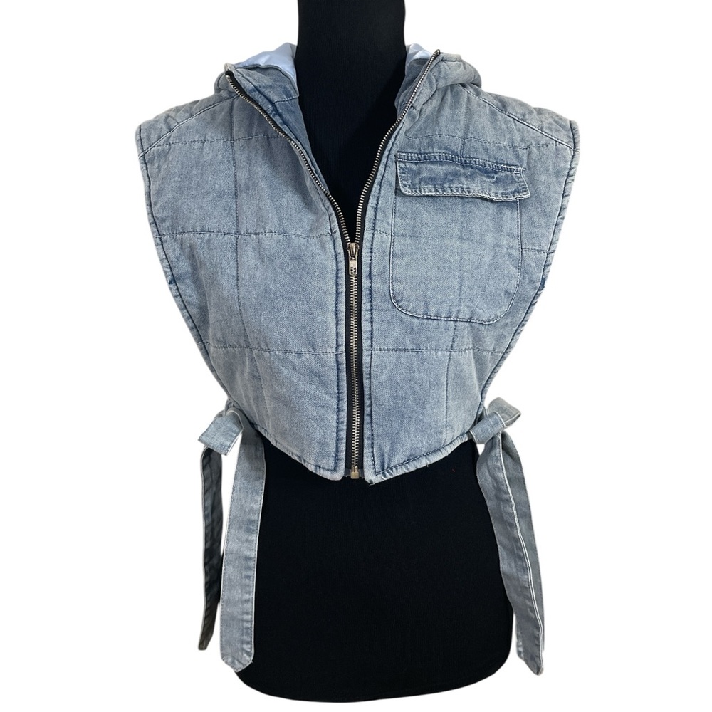 Baddie Quilted Cropped Hooded Denim Side Tie Full Zip Sleeveless Jacket Vest - Picture 2 of 4